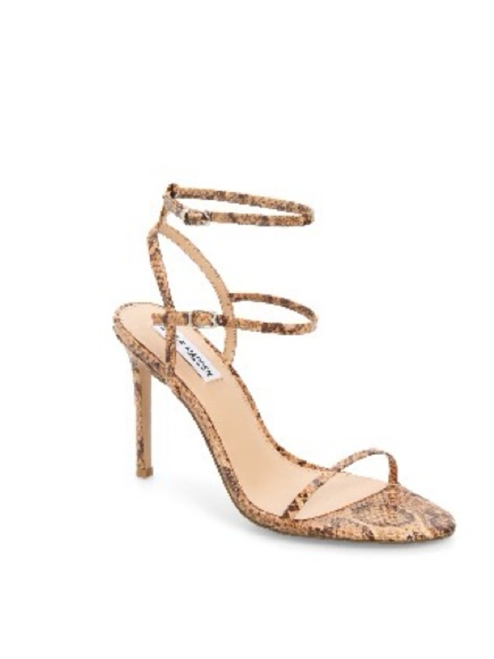Steve Madden Snake-Print Strappy Stiletto Sandal in Brown